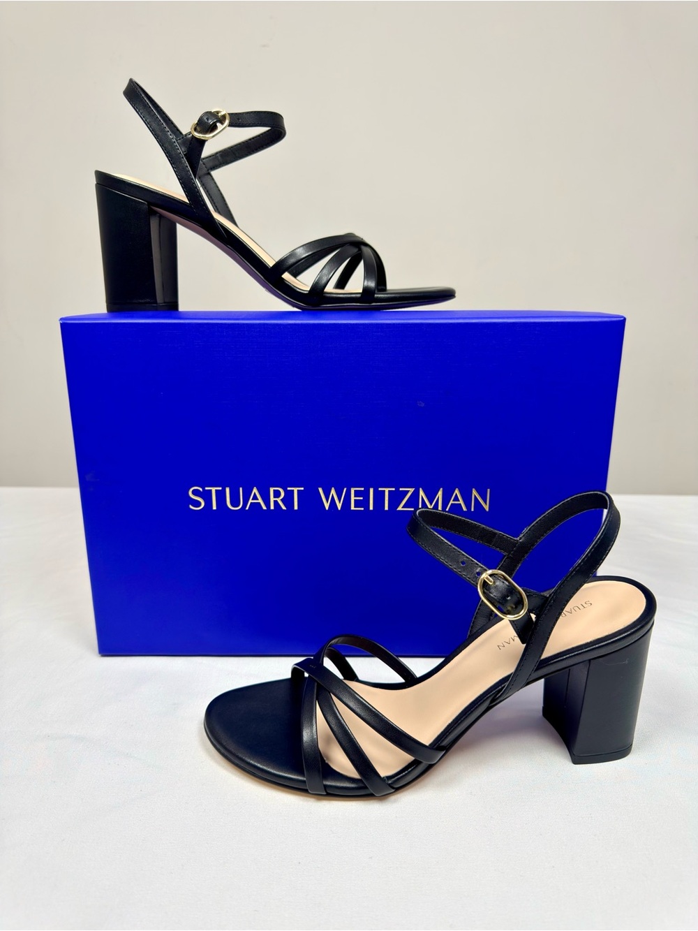 Stuart Weitzman 75MM Starla Leather Block Heel Sandals - Black Size 6.5